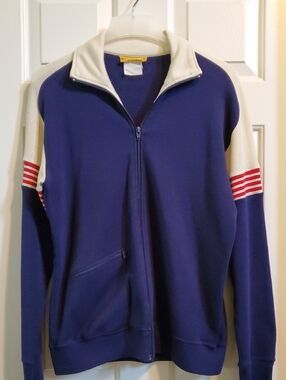 Vintage 80's L Navy Blue Zip-Up Track Jacket with Cream Accents